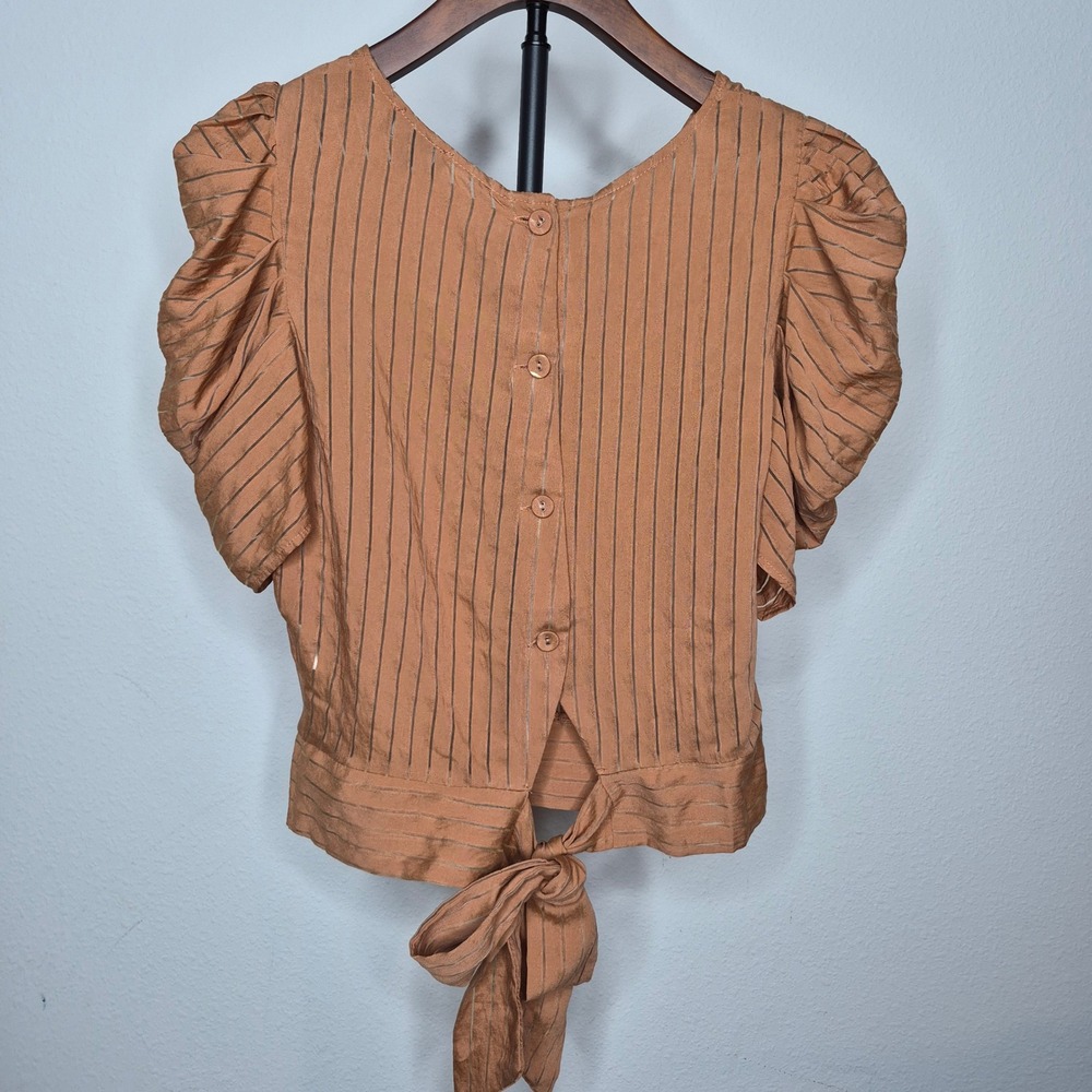 Milk & Honey Terracotta Orange Sheer Striped Puff Sleeve Tie Button Back Top M
